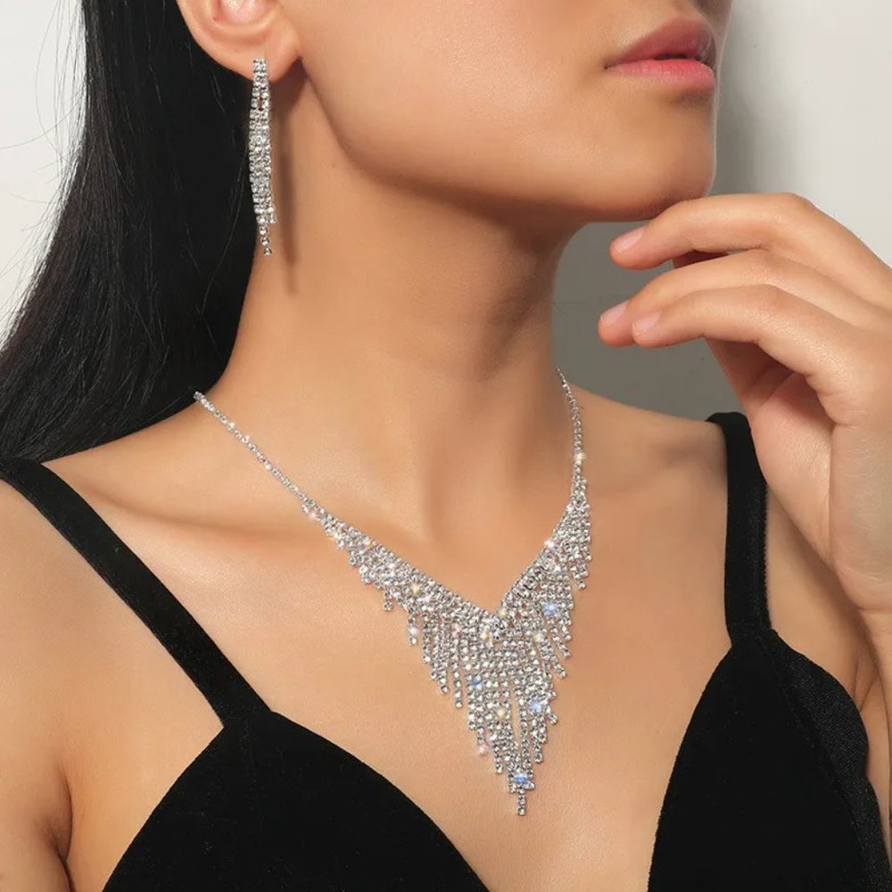 White Rhinestone Necklace & Earrings Set - Picture 2 of 2